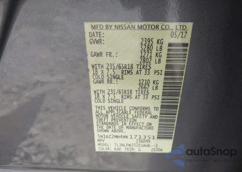 2017 Nissan Murano S from USA, damaged, VIN 5N1AZ2MH4HN171351